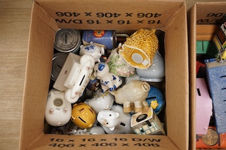 Three boxes of mixed, china wooden and metal novelty money boxes mostly from the 1960’s and later. Condition - variable